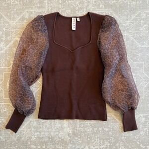 Dolan Anthropologie Left Coast Collection Brown Ribbed Puff Sleeve Leopard Print